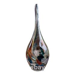Vase en verre artistique vintage fin marron avec éclats bleus, grand vase goutte abstrait en verre MCM