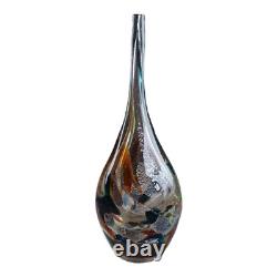 Vase en verre artistique vintage fin marron avec éclats bleus, grand vase goutte abstrait en verre MCM