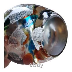 Vase en verre artistique vintage fin marron avec éclats bleus, grand vase goutte abstrait en verre MCM
