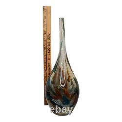 Vase en verre artistique vintage fin marron avec éclats bleus, grand vase goutte abstrait en verre MCM