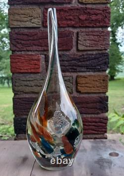 Vase en verre artistique vintage fin marron avec éclats bleus, grand vase goutte abstrait en verre MCM