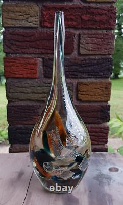 Vase en verre artistique vintage fin marron avec éclats bleus, grand vase goutte abstrait en verre MCM