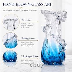 Vase en verre bleu, vase en verre artistique soufflé à la main pour une décoration intérieure côtière