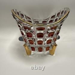 Vase en verre clair pressé Feigl Libchovice avec lentille optique irisée en cranberry