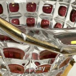 Vase en verre clair pressé Feigl Libchovice avec lentille optique irisée en cranberry