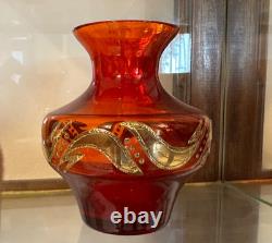 Vase en verre d'art Bullicante rouge et or soufflé à la main de Murano vénitien des années 1970
