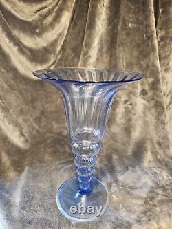 Vase en verre d'art Murano italien antique (années 1920) bleu soufflé à la main en spirale grand