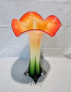 Vase en verre d'art Murano vintage RARE en forme de tulipe 16 pouces de haut orange