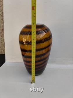 Vase en verre d’art Murano vintage à rayures tigre, soufflé à la main, 26 cm