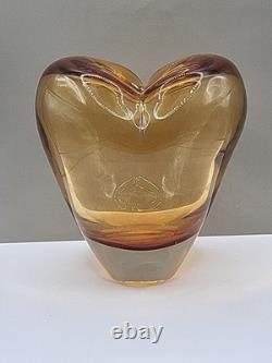 Vase en verre d'art Murano vintage en forme de cœur, soufflé à la main, ambre, 17 cm de haut, 16 cm de large