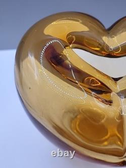Vase en verre d'art Murano vintage en forme de cœur, soufflé à la main, ambre, 17 cm de haut, 16 cm de large