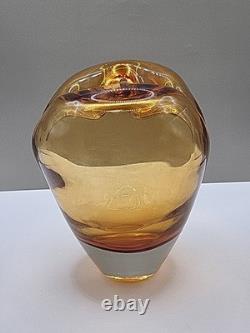 Vase en verre d'art Murano vintage en forme de cœur, soufflé à la main, ambre, 17 cm de haut, 16 cm de large
