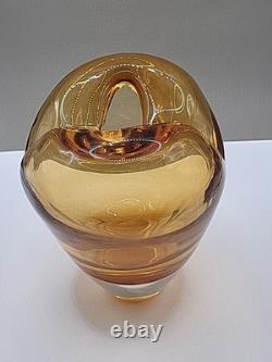 Vase en verre d'art Murano vintage en forme de cœur, soufflé à la main, ambre, 17 cm de haut, 16 cm de large