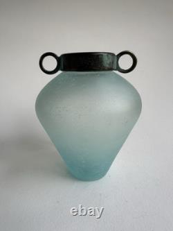 Vase en verre d'art Silvestri soufflé à la bouche Scavo turquoise Pulegoso avec un dessus vert-de-gris