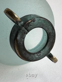 Vase en verre d'art Silvestri soufflé à la bouche Scavo turquoise Pulegoso avec un dessus vert-de-gris