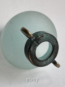 Vase en verre d'art Silvestri soufflé à la bouche Scavo turquoise Pulegoso avec un dessus vert-de-gris