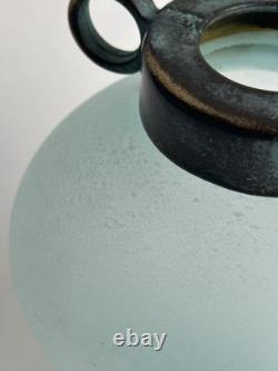 Vase en verre d'art Silvestri soufflé à la bouche Scavo turquoise Pulegoso avec un dessus vert-de-gris