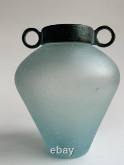 Vase en verre d'art Silvestri soufflé à la bouche Scavo turquoise Pulegoso avec un dessus vert-de-gris