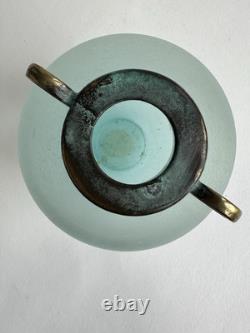 Vase en verre d'art Silvestri soufflé à la bouche Scavo turquoise Pulegoso avec un dessus vert-de-gris