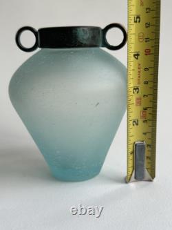 Vase en verre d'art Silvestri soufflé à la bouche Scavo turquoise Pulegoso avec un dessus vert-de-gris