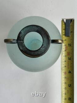 Vase en verre d'art Silvestri soufflé à la bouche Scavo turquoise Pulegoso avec un dessus vert-de-gris