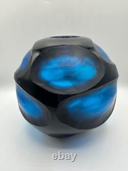 Vase en verre d'art battuto Murano vintage rare, bleu sculpté, Carlo Scarpa, Italie