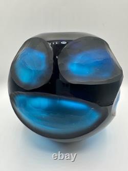 Vase en verre d'art battuto Murano vintage rare, bleu sculpté, Carlo Scarpa, Italie