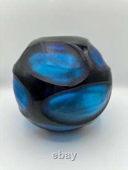 Vase en verre d'art battuto Murano vintage rare, bleu sculpté, Carlo Scarpa, Italie