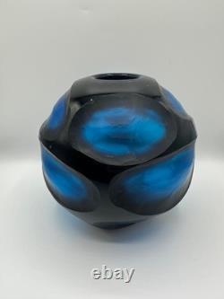 Vase en verre d'art battuto Murano vintage rare, bleu sculpté, Carlo Scarpa, Italie