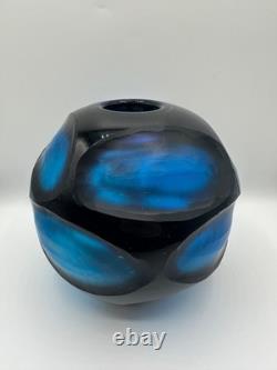 Vase en verre d'art battuto Murano vintage rare, bleu sculpté, Carlo Scarpa, Italie