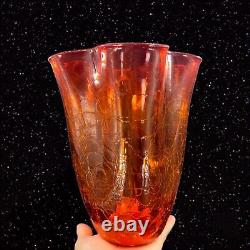 Vase en verre d'art craquelé tangerine amberina de Blenko de grande taille marqué au fond, vintage