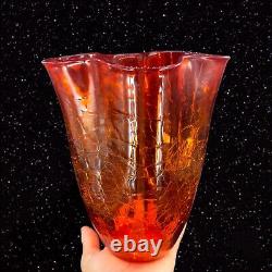 Vase en verre d'art craquelé tangerine amberina de Blenko de grande taille marqué au fond, vintage