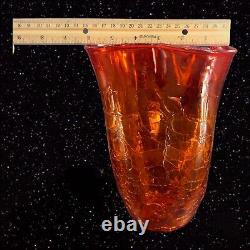 Vase en verre d'art craquelé tangerine amberina de Blenko de grande taille marqué au fond, vintage