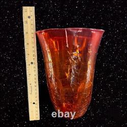 Vase en verre d'art craquelé tangerine amberina de Blenko de grande taille marqué au fond, vintage