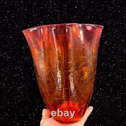 Vase en verre d'art craquelé tangerine amberina de Blenko de grande taille marqué au fond, vintage