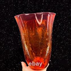 Vase en verre d'art craquelé tangerine amberina de Blenko de grande taille marqué au fond, vintage