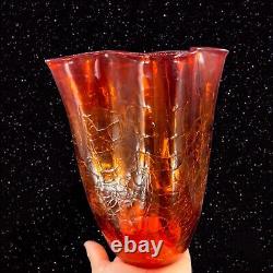 Vase en verre d'art craquelé tangerine amberina de Blenko de grande taille marqué au fond, vintage