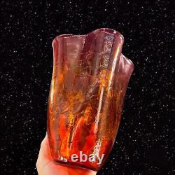 Vase en verre d'art craquelé tangerine amberina de Blenko de grande taille marqué au fond, vintage