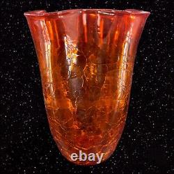 Vase en verre d'art craquelé tangerine amberina de Blenko de grande taille marqué au fond, vintage