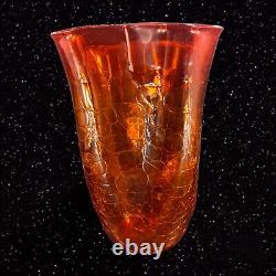 Vase en verre d'art craquelé tangerine amberina de Blenko de grande taille marqué au fond, vintage