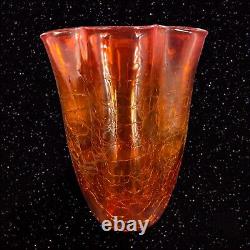 Vase en verre d'art craquelé tangerine amberina de Blenko de grande taille marqué au fond, vintage