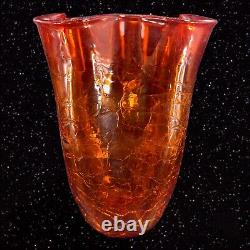 Vase en verre d'art craquelé tangerine amberina de Blenko de grande taille marqué au fond, vintage