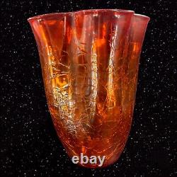 Vase en verre d'art craquelé tangerine amberina de Blenko de grande taille marqué au fond, vintage