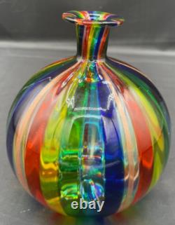 Vase en verre d'art de Murano, petit vase en verre soufflé à la main, rayé arc-en-ciel, vintage d'occasion