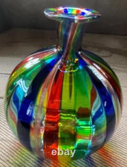 Vase en verre d'art de Murano, petit vase en verre soufflé à la main, rayé arc-en-ciel, vintage d'occasion