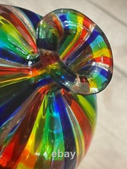 Vase en verre d'art de Murano, petit vase en verre soufflé à la main, rayé arc-en-ciel, vintage d'occasion