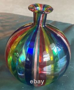 Vase en verre d'art de Murano, petit vase en verre soufflé à la main, rayé arc-en-ciel, vintage d'occasion