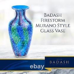 Vase en verre d'art de style Murano Badash Firestorm de 10 pouces de hauteur, soufflé à la bouche et décoratif