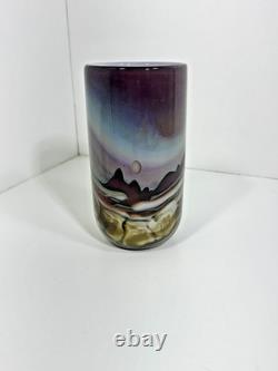 Vase en verre d'art de style moderne, signé RICK MILLER 10/84, paysage, rare à trouver