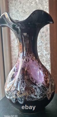 Vase en verre d’art français vintage Les Carroz, 10 pouces de haut, signé, écailles de tortue